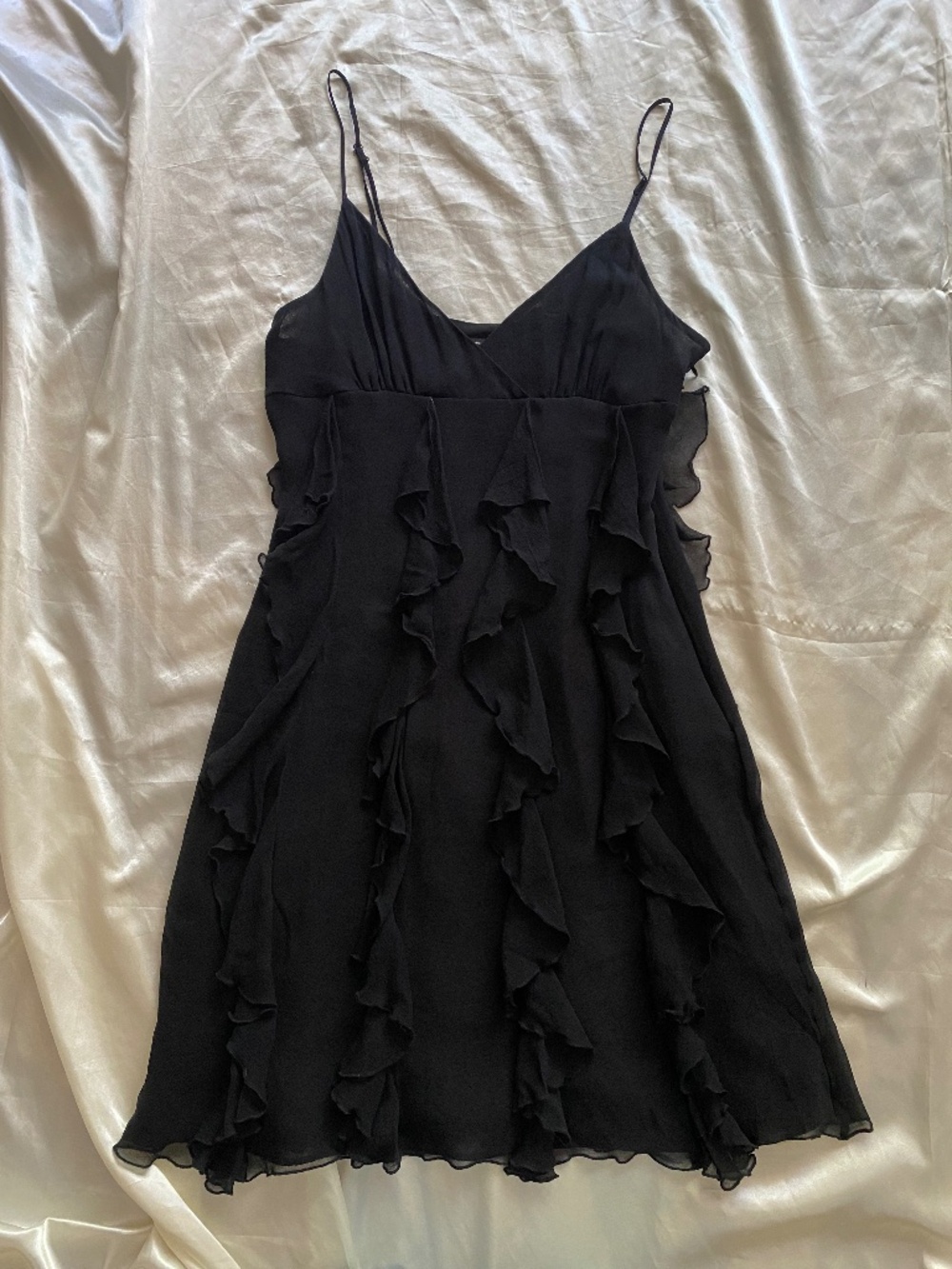 Vintage y2k 100% Silk Black Cascading Ruffle Mini Boho Fairycore Medium
